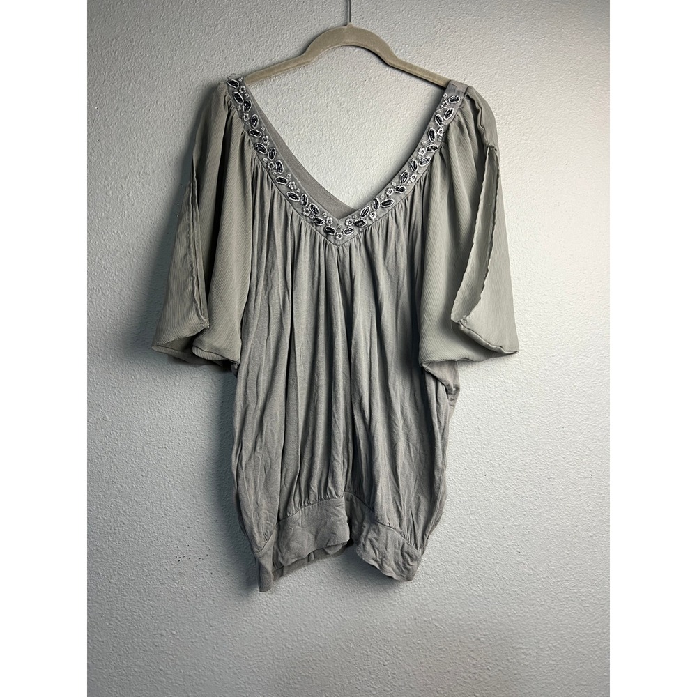 Candies Gray Beaded V-Neck Dolman Fairy Butterfly Sleeve Smocked Hem Top Large